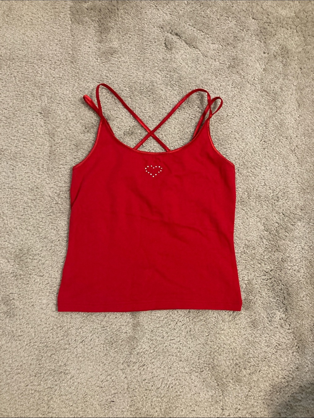 Red Crisscross Strap Tank Top with Rhinestone Heart Detail-NWOT